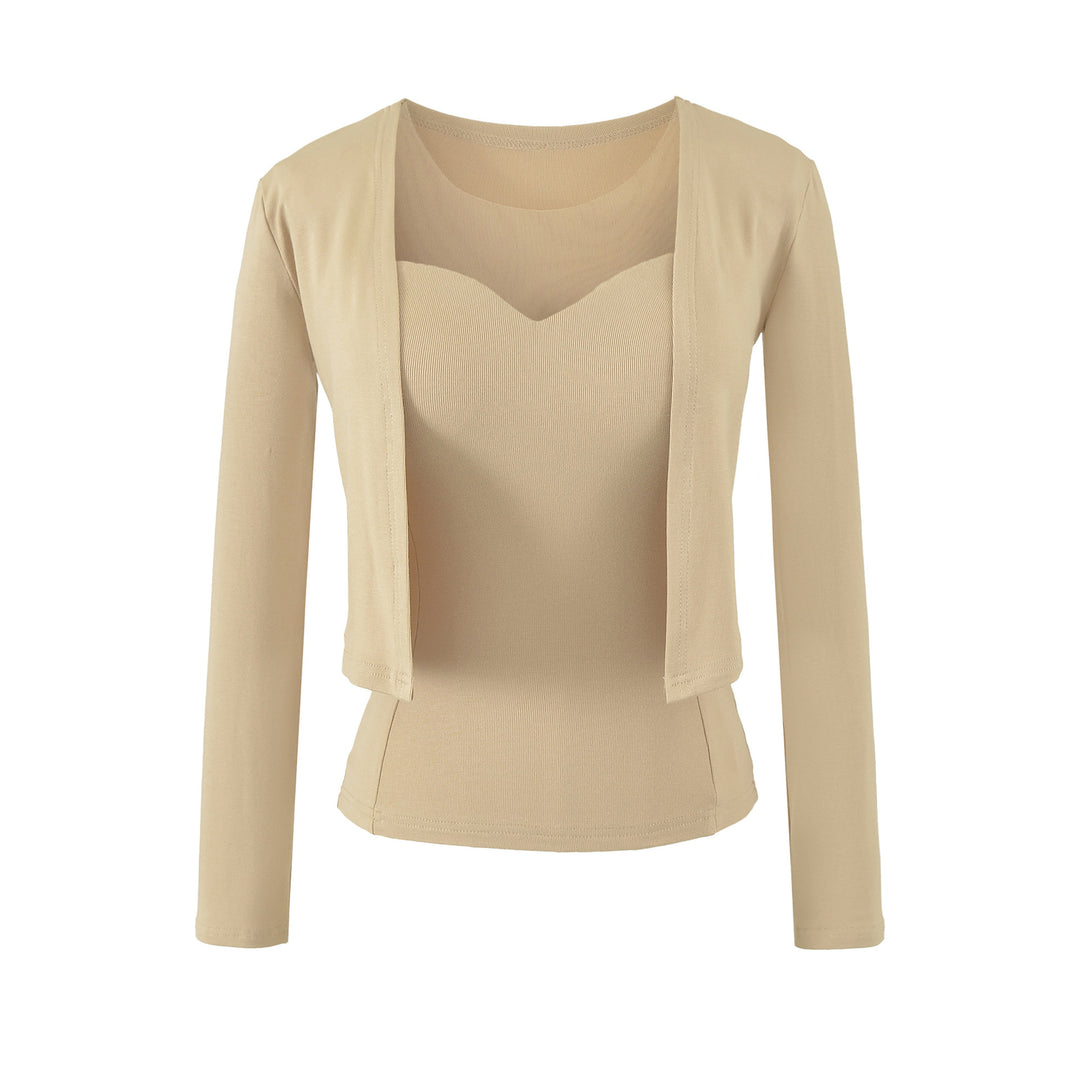 Ladies Two-Piece Fine Knit Top Set with Mesh Insert and Open Cardigan Mune Fashion