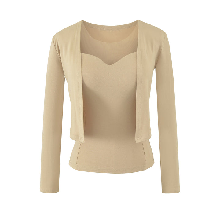 Ladies Two-Piece Fine Knit Top Set with Mesh Insert and Open Cardigan Mune Fashion