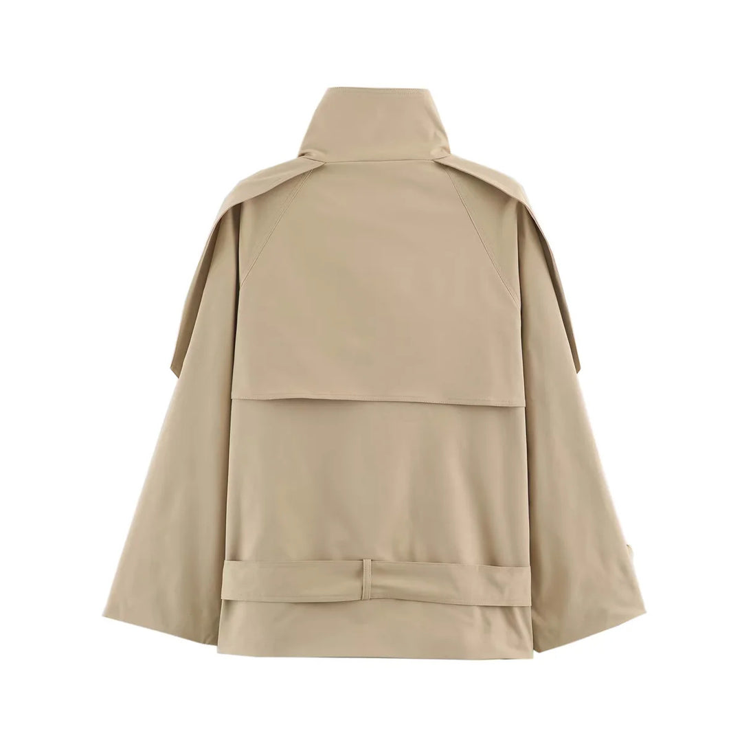 Women's short double-breasted cape trench coat with stand-up collar and belt Mune Fashion