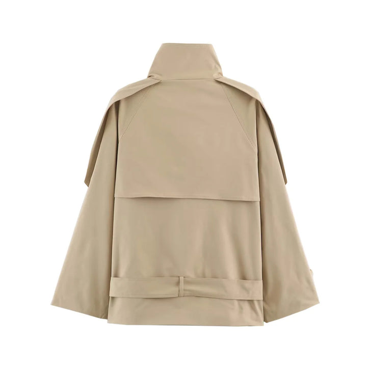 Women's short double-breasted cape trench coat with stand-up collar and belt Mune Fashion