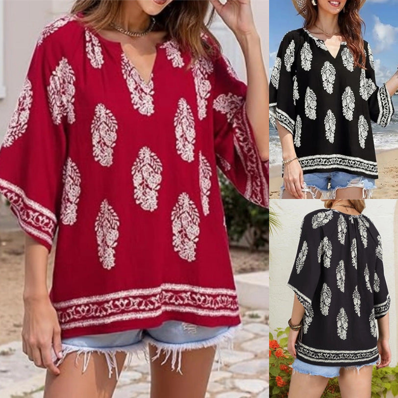 Women's Loose Beach Tunic Top with V-Neck and Boho Print Mune Fashion