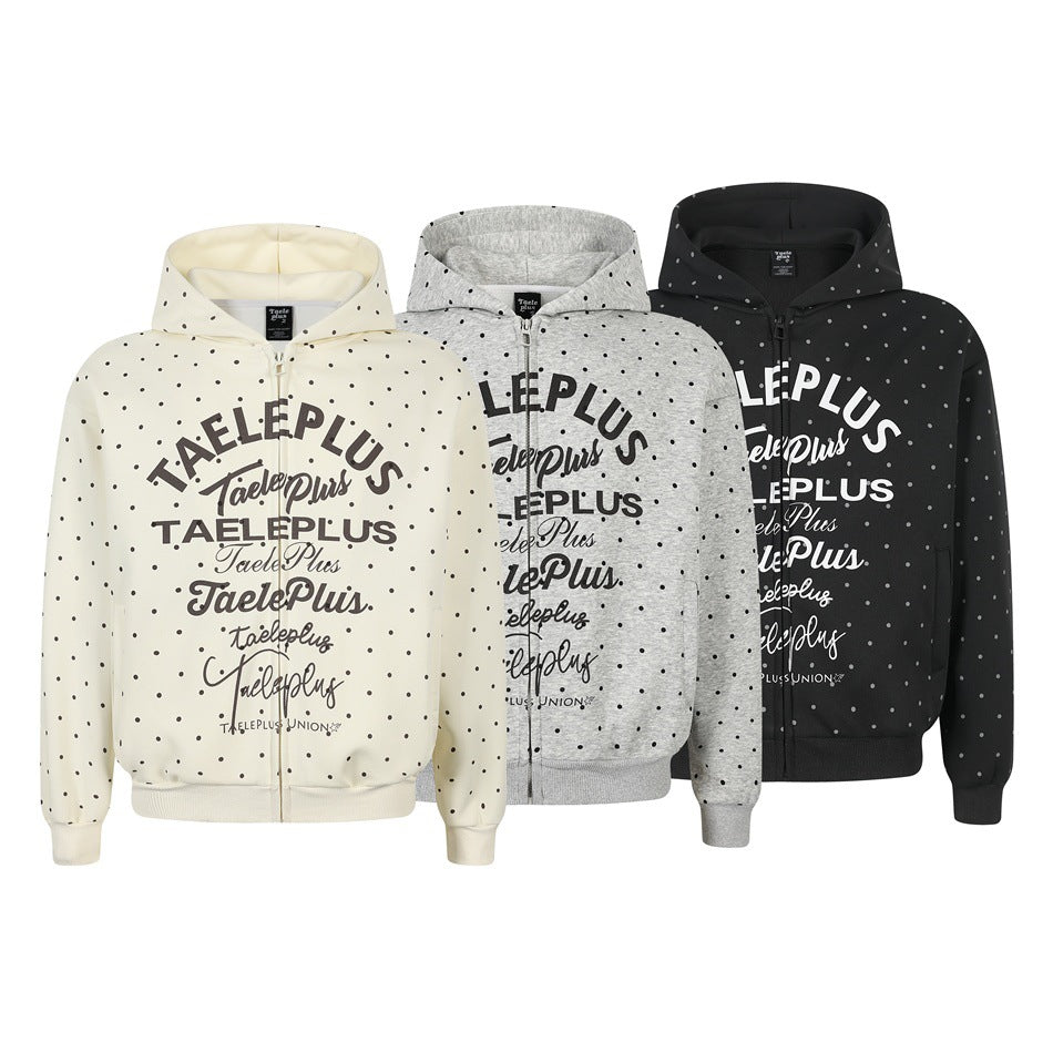 Women's Hooded Sweat Jacket with Full Zip, All-over Polka Dot Pattern and Multiple Logo Designs Mune Fashion