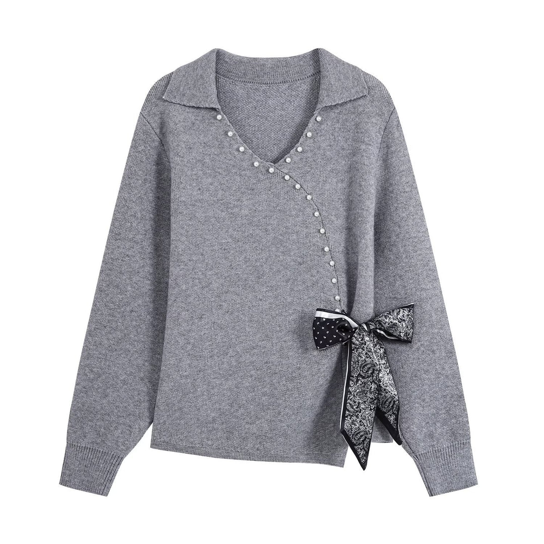 Ladies Two-Piece Fine Knit Set with V-Wrap Top, Bead Trim and Pleated Midi Skirt Mune Fashion