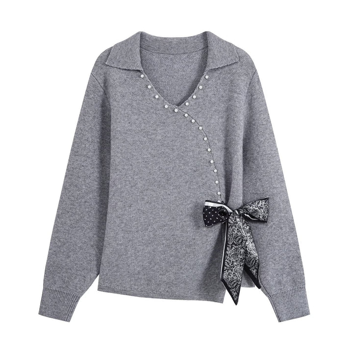 Ladies Two-Piece Fine Knit Set with V-Wrap Top, Bead Trim and Pleated Midi Skirt Mune Fashion