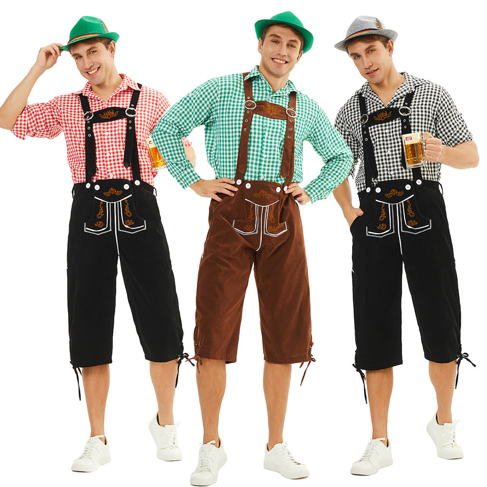 Men's traditional Bavarian leather shorts knee-length with embroidered suspenders Mune Fashion