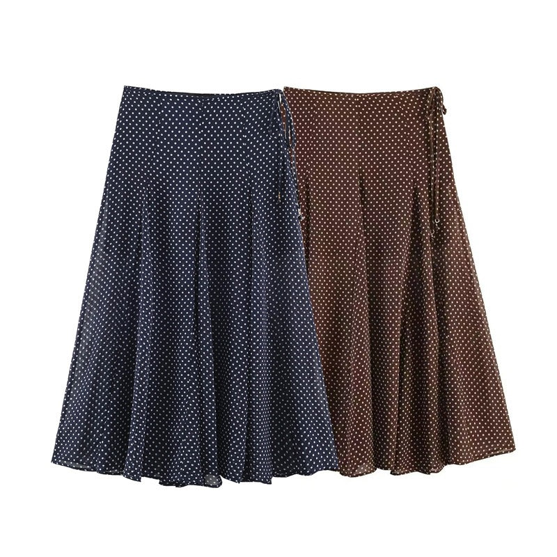 Women's Flowing A-Line Midi Skirt with Polka Dot Print and Tie Bow Mune Fashion