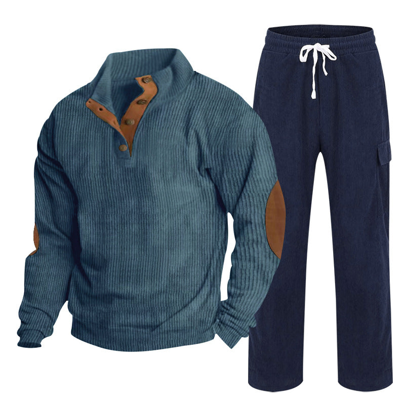 Men's Cozy Leisure Set made of Waffle Knit Henley with Elbow Patch and Relax Cargo Pants Mune Fashion