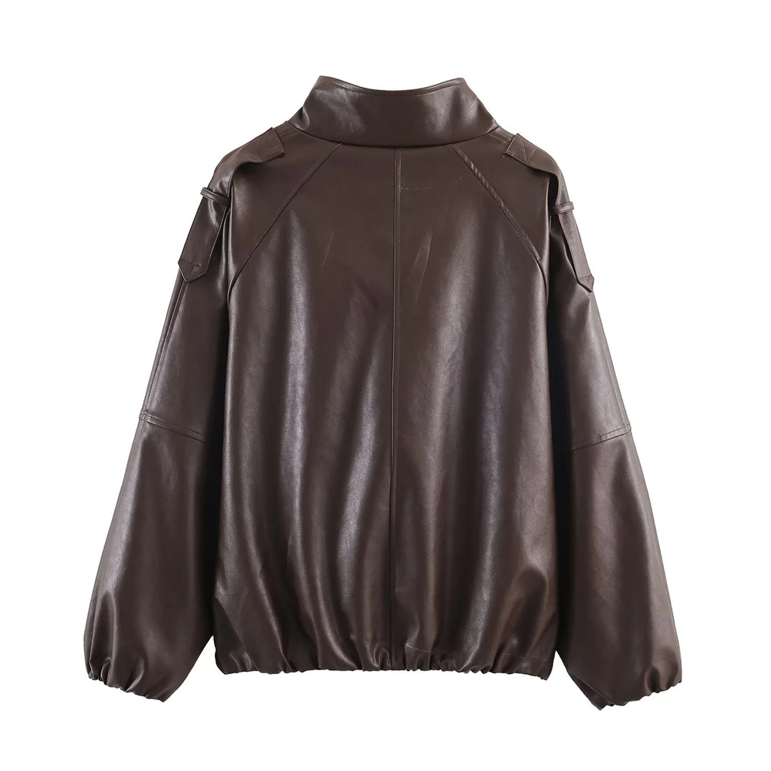 Women's oversized faux leather bomber jacket with stand-up collar, elastic hem, and concealed snap button placket Mune Fashion