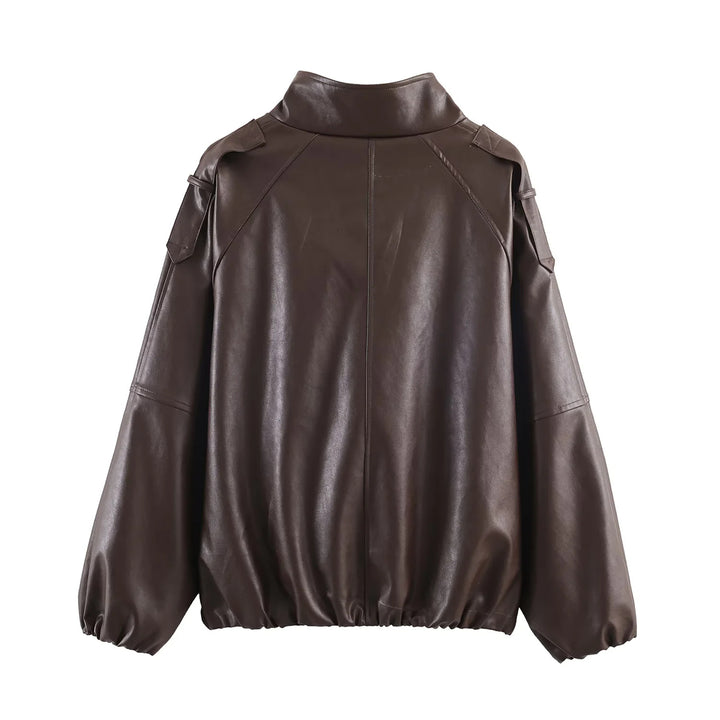 Women's oversized faux leather bomber jacket with stand-up collar, elastic hem, and concealed snap button placket Mune Fashion