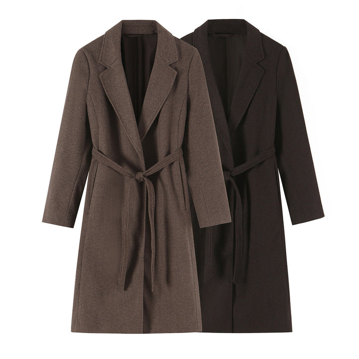 Women's Tailored Wool Blend Coat with Notch Collar and Tied Belt Mune Fashion