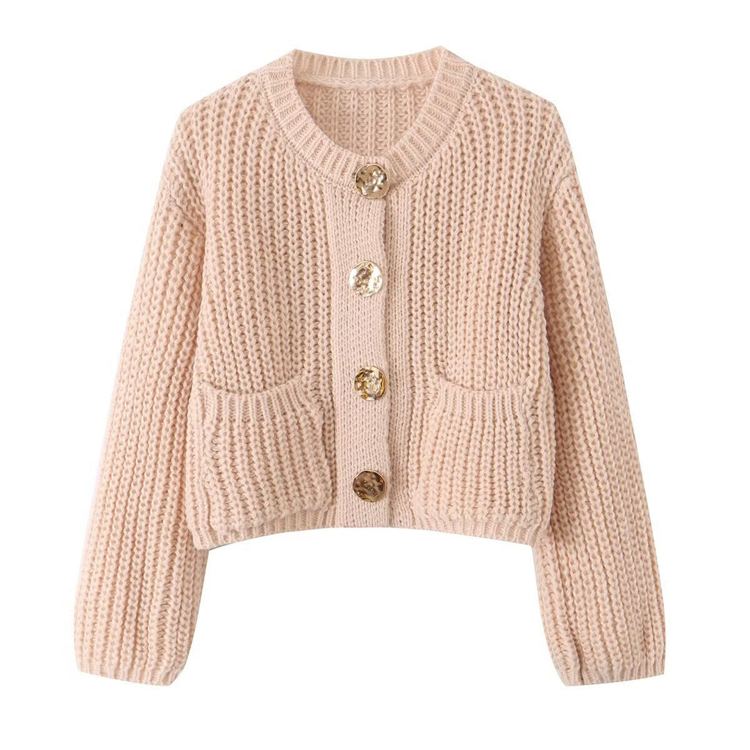 Women Chunky Knit Cropped Cardigan with Decorative Jewelry Buttons and Patch Pockets Mune Fashion