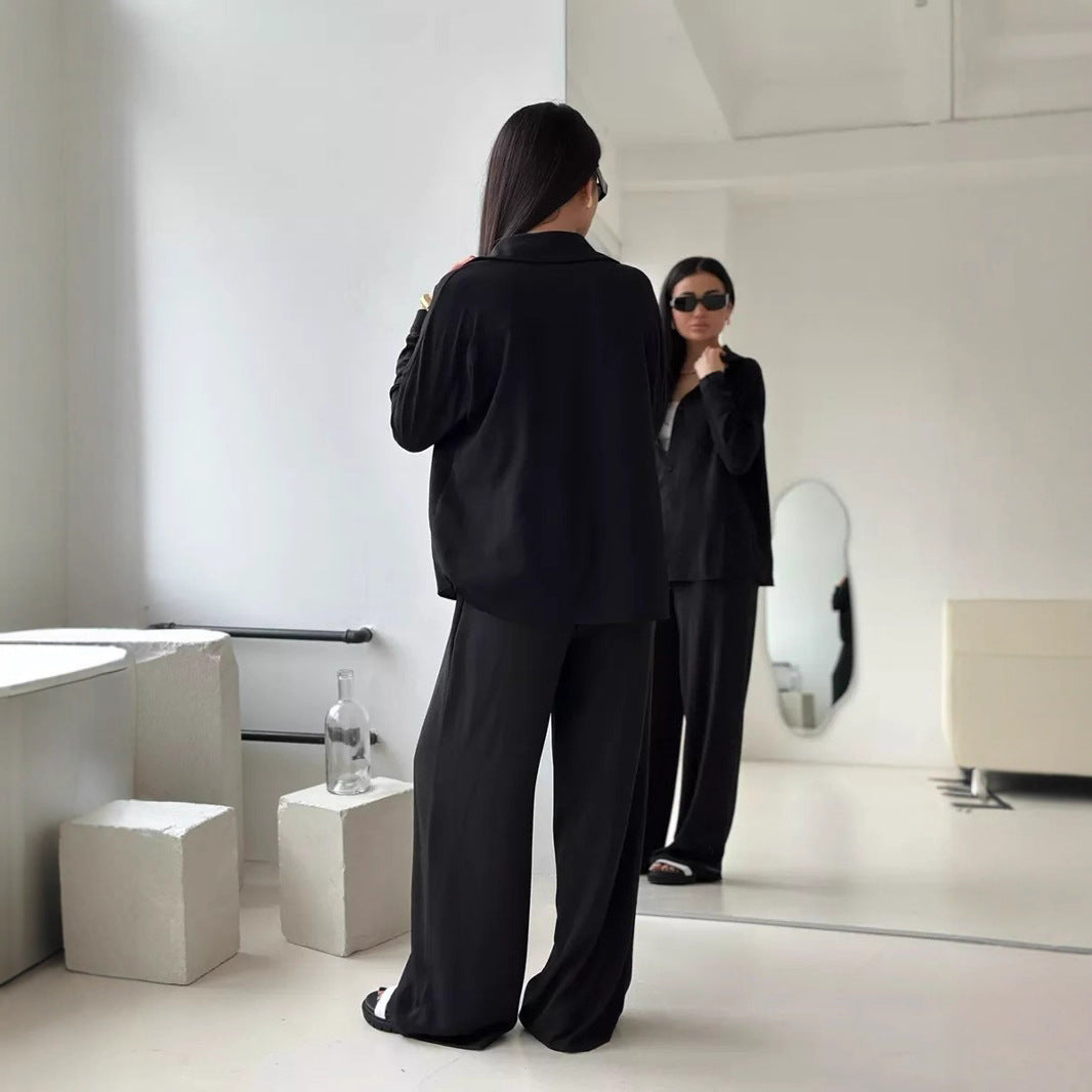 Women Two-Piece Lounge Set Oversize Blouse with Chest Pocket and Wide Palazzo Pants Mune Fashion
