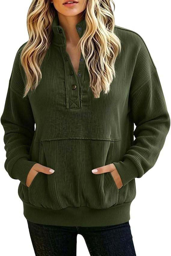Women's ribbed Henley pullover with stand collar and kangaroo pocket Mune Fashion