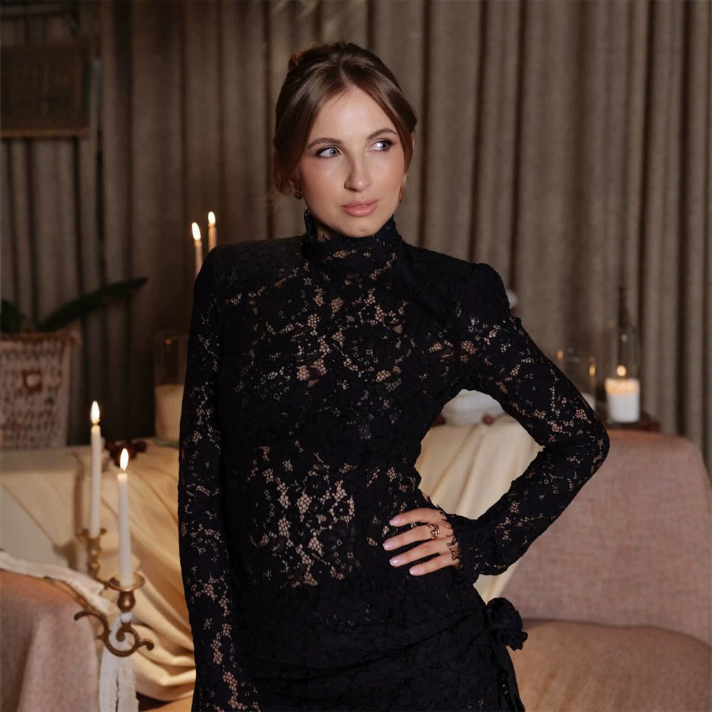 Women's lace mini dress with stand collar, transparent lace & gathered side panel Mune Fashion