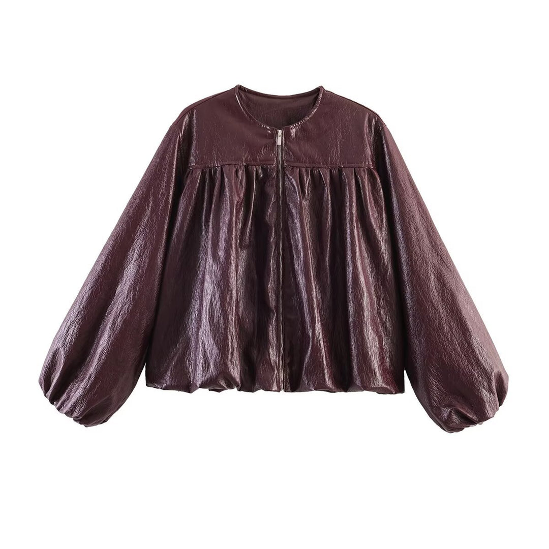 Women's short jacket in flounce style with gathered yoke, continuous zipper and wide balloon sleeves Mune Fashion