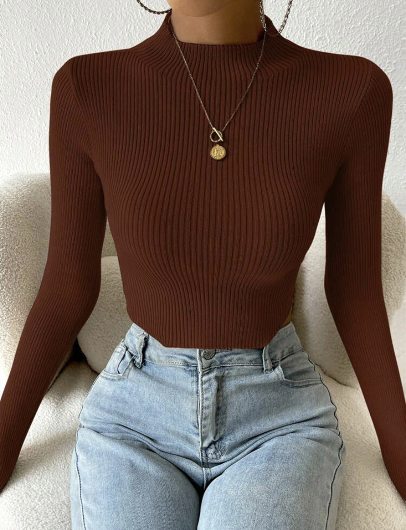 Women's Ribbed Cropped Fine Knit Sweater with Stand-Up Collar Mune Fashion
