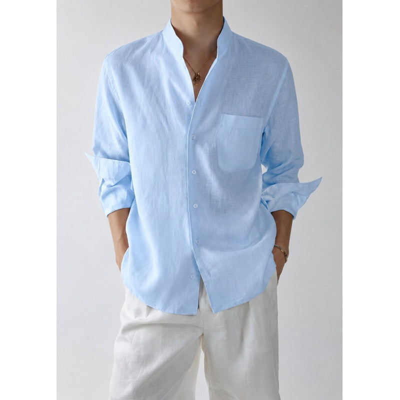 Men's Lightweight Linen Shirt with Stand-Up Collar and Chest Pocket Mune Fashion