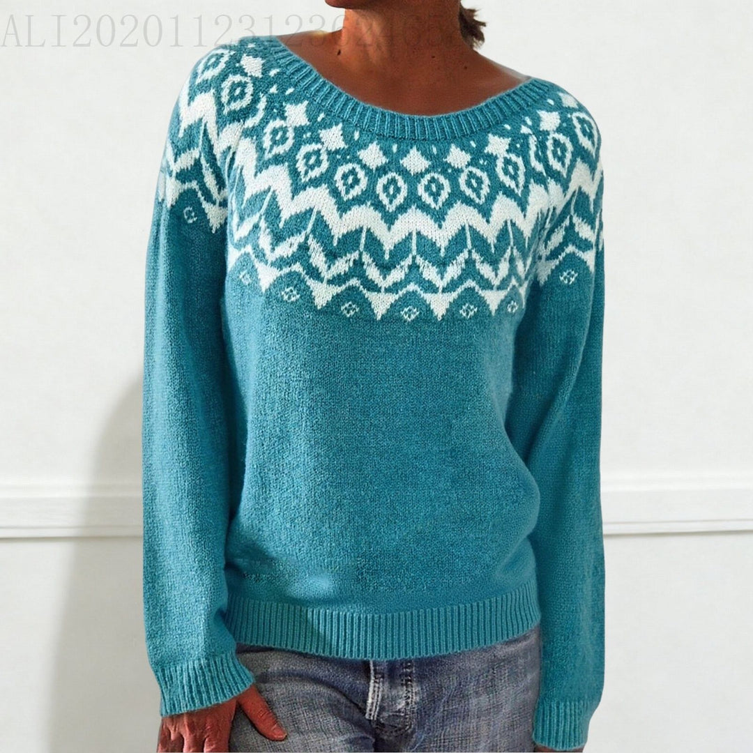 Women's Norwegian sweater made of wool blend with round neck and traditional Fair Isle yoke Mune Fashion
