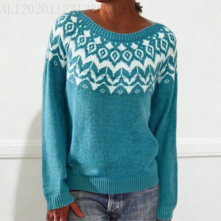 Women's Norwegian sweater made of wool blend with round neck and traditional Fair Isle yoke Mune Fashion