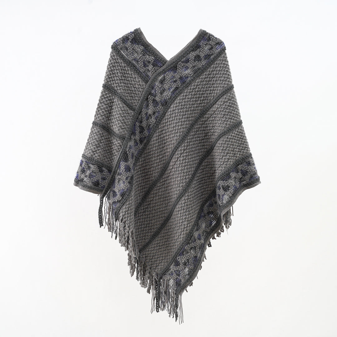 Women Oversized Knit Cape with Textured Waffle Knit Look and Cable Border Mune Fashion