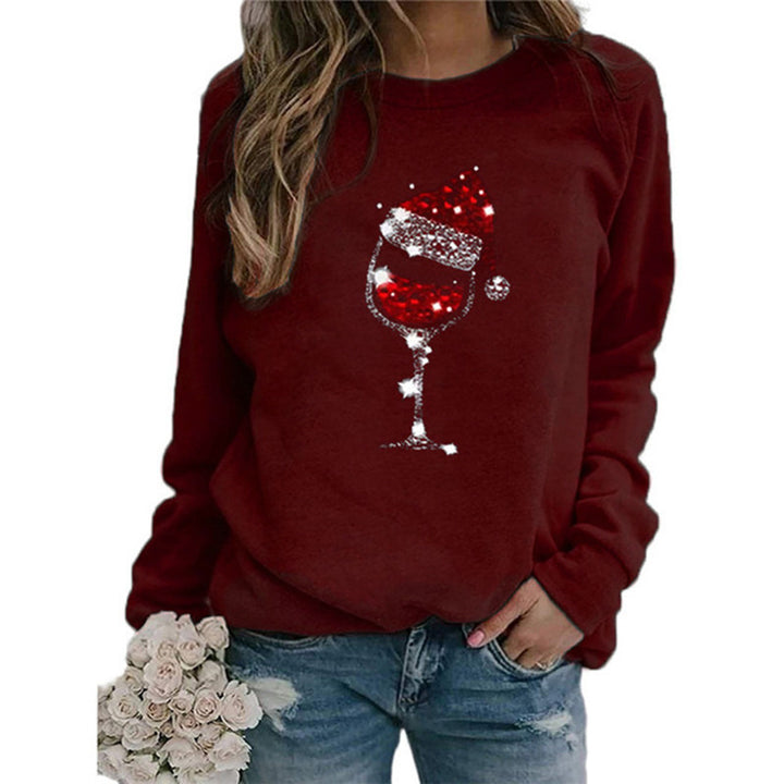 Women's Christmas Sweatshirt with Sequin Wine Glass and Round Neckline Mune Fashion
