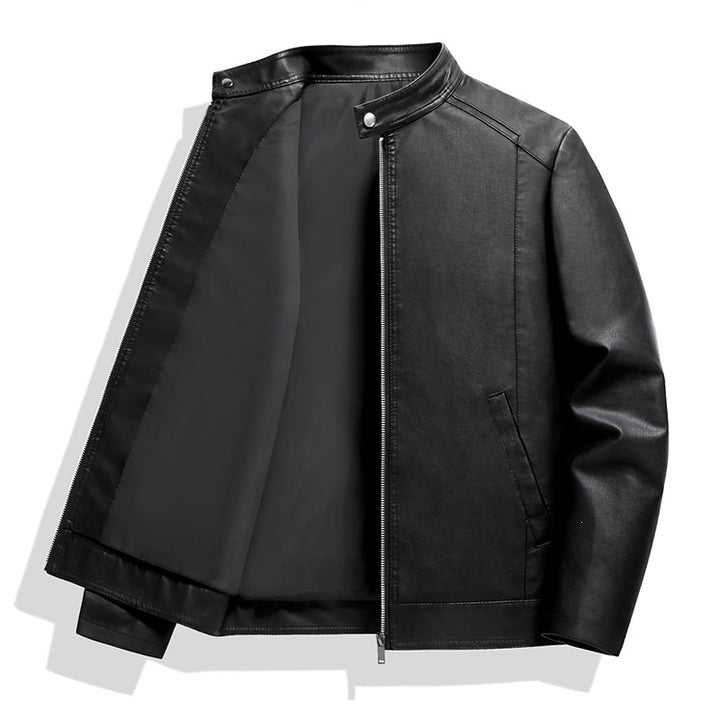 Men's Simple Faux Leather City Jacket with Stand Collar, Two-Way Zipper & Side Pockets Mune Fashion