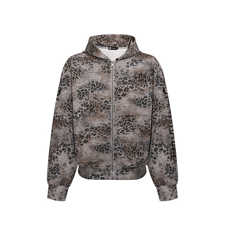 Women's hooded sweatshirt jacket with full zip and allover leopard print Mune Fashion