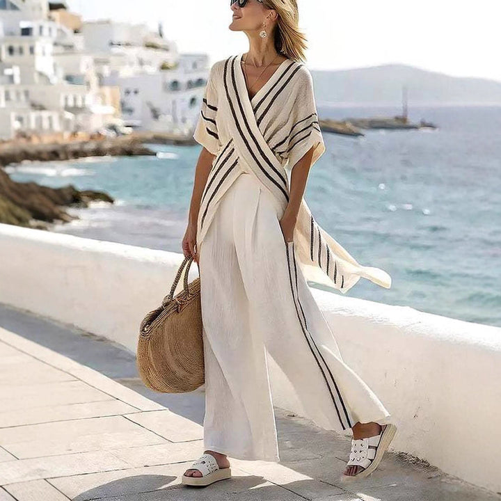 Women’s resort-inspired set with crossover kimono tunic and high-waisted palazzo pants Mune Fashion