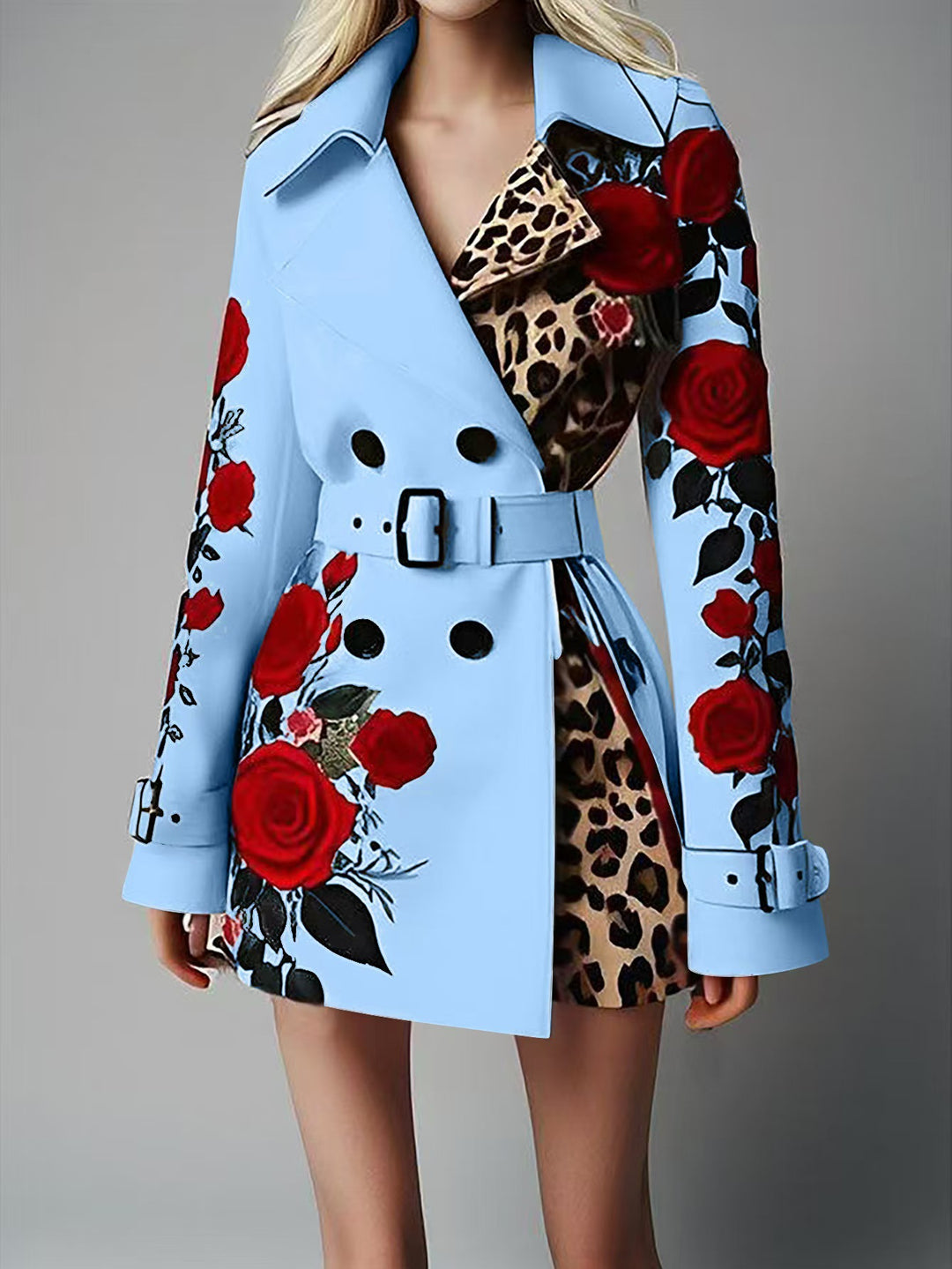 Women Tailored Trench Coat with Rose Print and Leopard Lining Mune Fashion