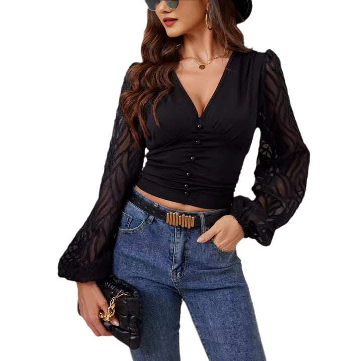 Women's fitted V-neck top with transparent balloon sleeves Mune Fashion