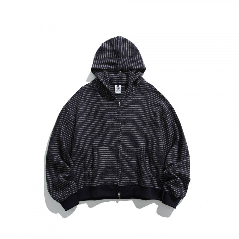 Unisex Boxy Hoodie Sweat Jacket with continuous zipper, striped texture and ribbed hem Mune Fashion