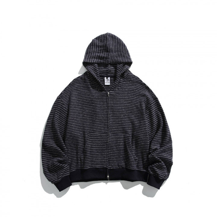 Unisex Boxy Hoodie Sweat Jacket with continuous zipper, striped texture and ribbed hem Mune Fashion