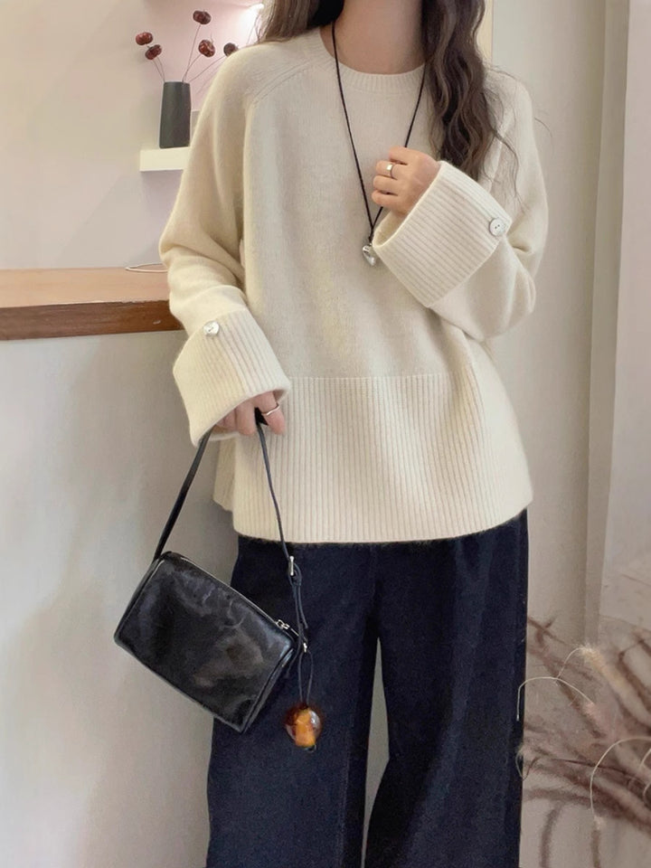 Women's Oversized Fine Knit Sweater with Wide Ribbed Hem, Extra Wide Sleeve Cuffs and Decorative Button Mune Fashion