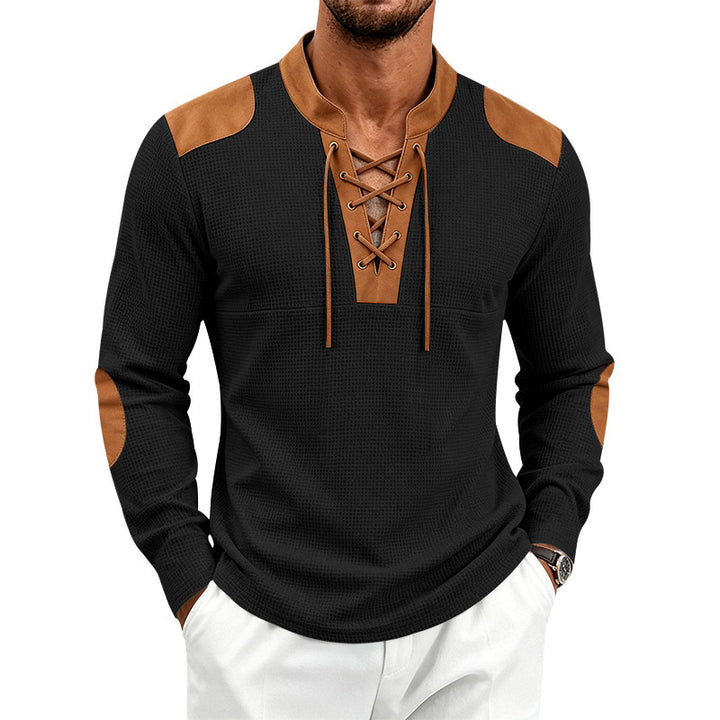 Men's waffle texture henley with lace-up collar and faux leather patches Mune Fashion