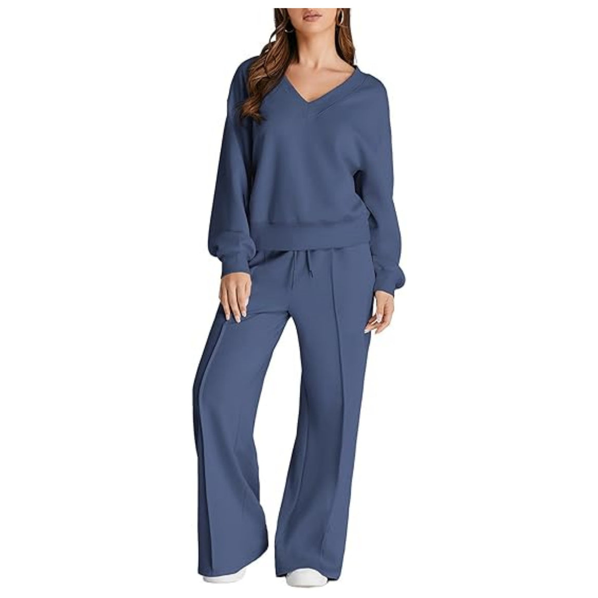 Women's Casual V-Neck Leisure Set with Wide Jogging Pants Mune Fashion