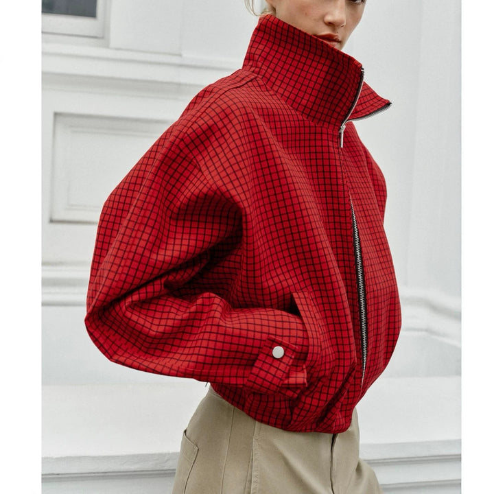 Women's short-cut boxy blouson with stand-up collar, check pattern and zipper Mune Fashion