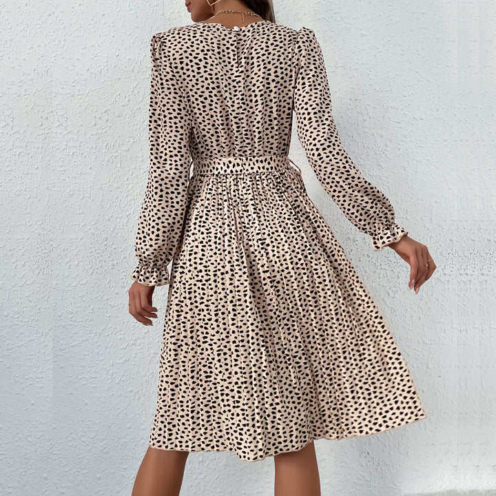 Women Elegant Pleated Midi Dress with Waist Sash, Ruffled Puff Sleeves and A-Line Skirt