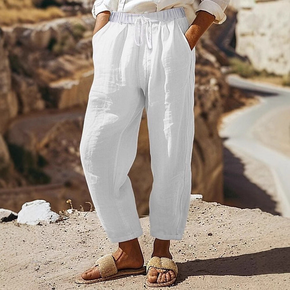 Women's Casual Chino Linen Look Culotte with Elastic Drawstring Waist and Side Pockets Mune Fashion