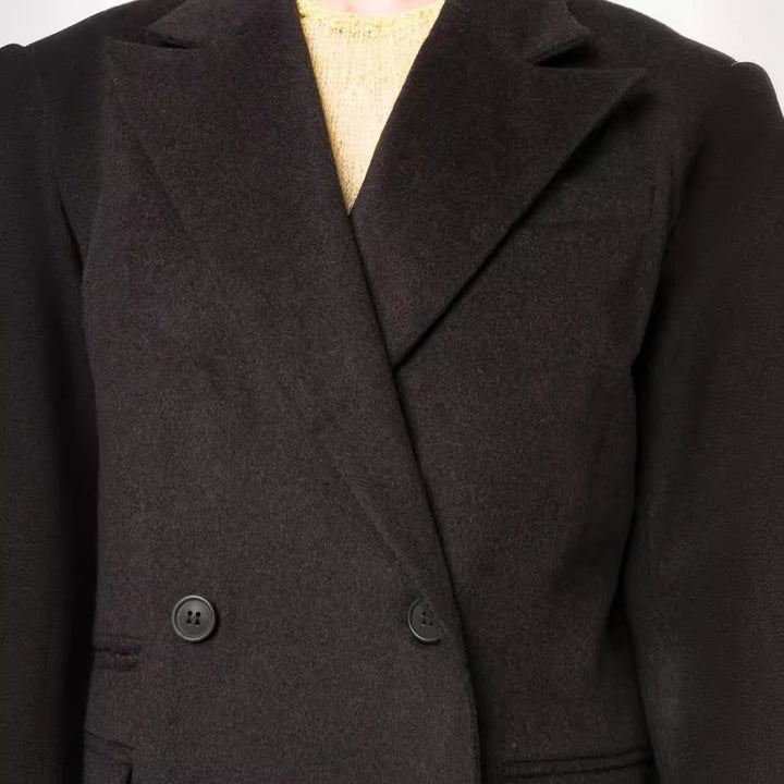 Women's Maxi Long Double-Breasted Wool Blend Coat with Structured Shoulders and Flap Pockets Mune Fashion