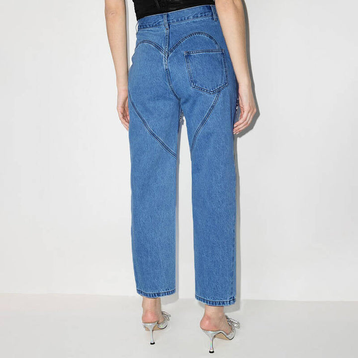 Women's Jeans with Decorative Cut-Outs and Rhinestone Embellishments Mune