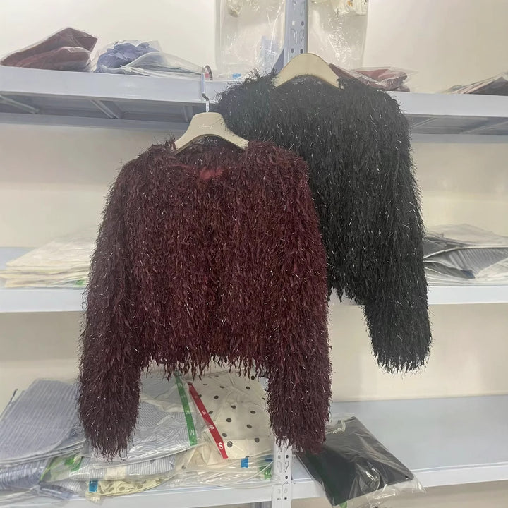 Women's short faux fur jacket with shaggy fringe texture, soft lining and boxy cropped cut Mune Fashion