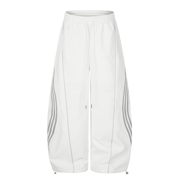 Women's Wide Tech Material Palazzo Pants with Drawstring Waistband, Reflective Side Stripes and Adjustable Cord Hem
