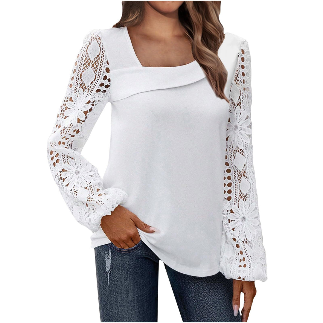 Ladies blouse with square neckline and crocheted lace sleeves Mune Fashion