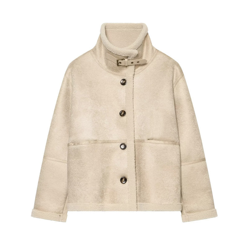 Ladies short jacket in lambskin look with stand-up collar, button and buckle closure Mune Fashion
