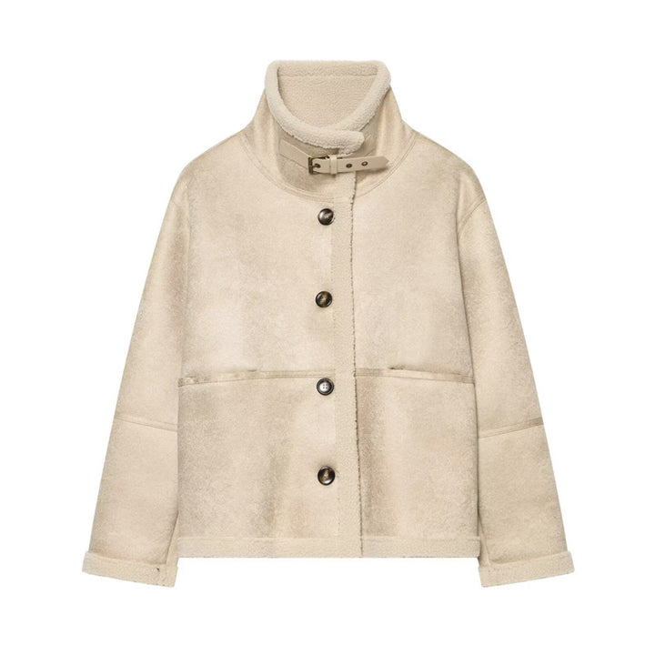 Ladies short jacket in lambskin look with stand-up collar, button and buckle closure Mune Fashion