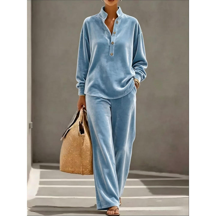 Ladies Velour Loungewear Set with Stand Collar Henley Top and Wide Palazzo Pants Mune Fashion