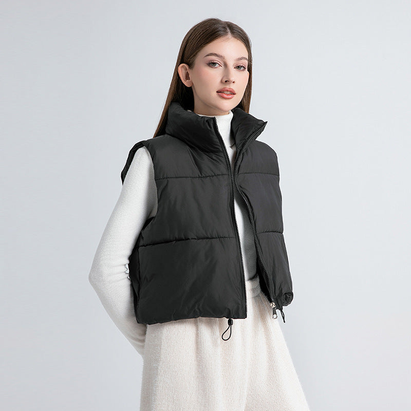 Women’s nan ultra-light short padded vest with high stand-up collar, two-way zipper and adjustable drawstring hem Mune Fashion