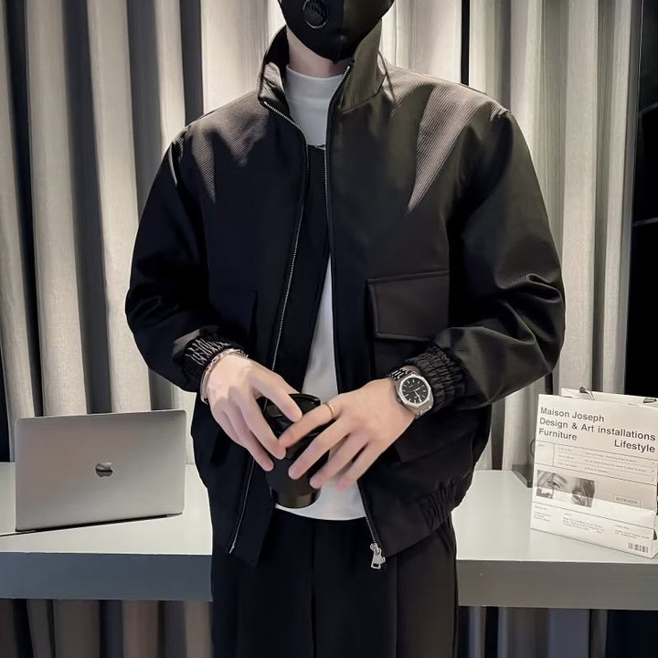 Men's Lightweight Tech Bomber Jacket with Stand-Up Collar, Large Flap Chest Pocket and Elastic Hem Mune Fashion