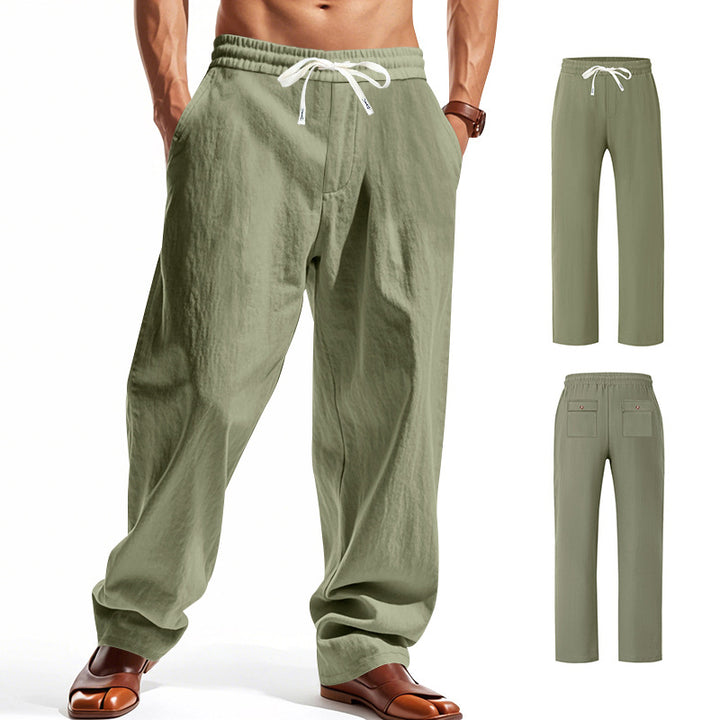 Men's wide comfort trousers in linen blend with elastic drawstring, straight leg, and patch back pockets Mune Fashion