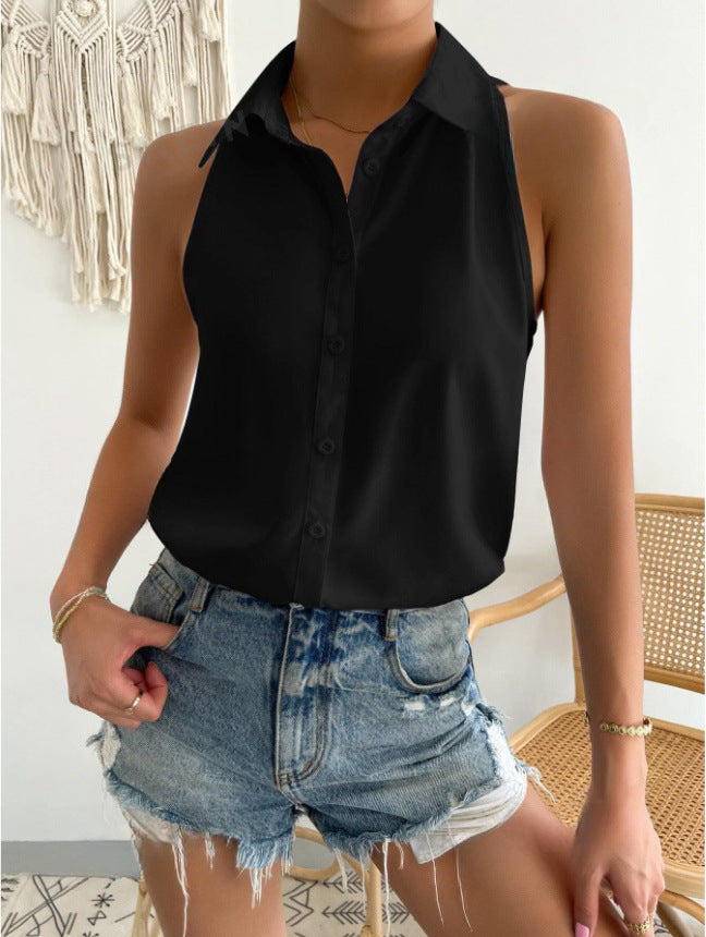 Women's Sleeveless Shirt with Classic Collar and Chic Cut Mune Fashion